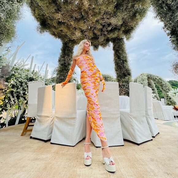 Alex Perry Dress Ruched Jersey Semi-Formal w/ Matching Gloves Pink & Orange - Picture 3 of 11